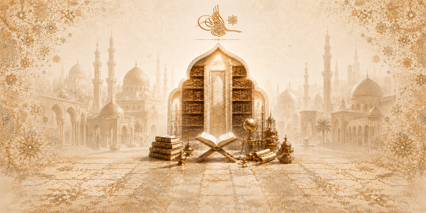Klasik İslâmî mîrası temsil eden mihrap önünde açık duran muteber kitap koleksiyonu